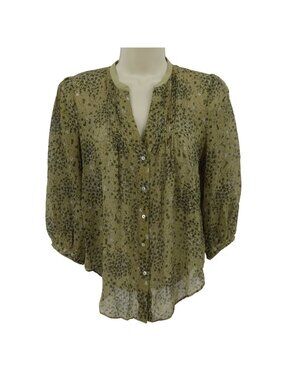 Fei Women 2 All Silk Green Sheer Floral Flower Pleated Blouse Shirt Top Buttons